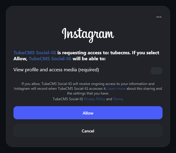 OAuth authorisation screen for Instagram