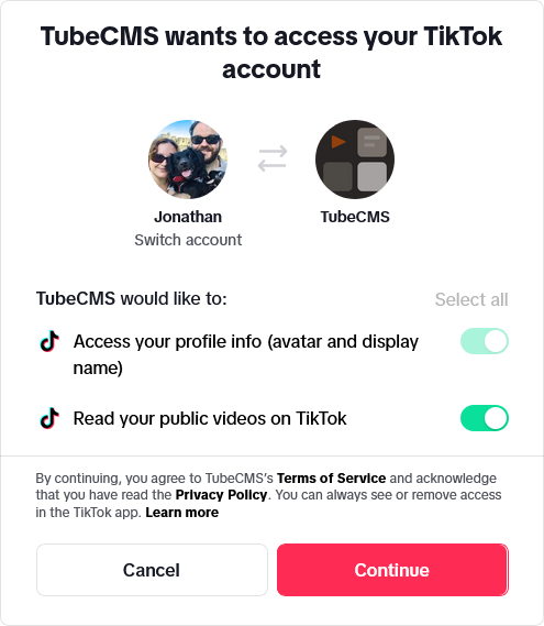 TikTok OAuth authorisation screen