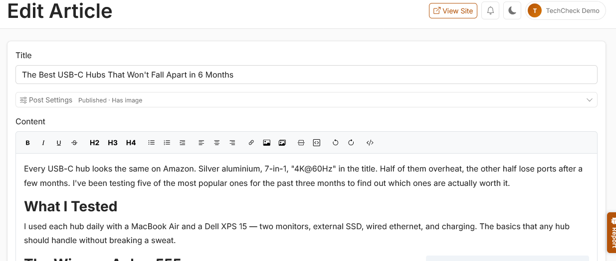 Blog editor showing the TipTap toolbar and a post being written