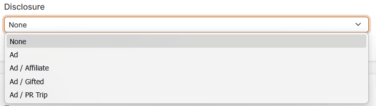 Video edit form showing the disclosure dropdown