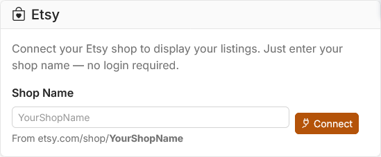 Etsy integration showing shop name input field