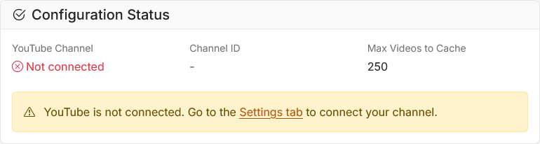 Integrations page showing disconnected YouTube status
