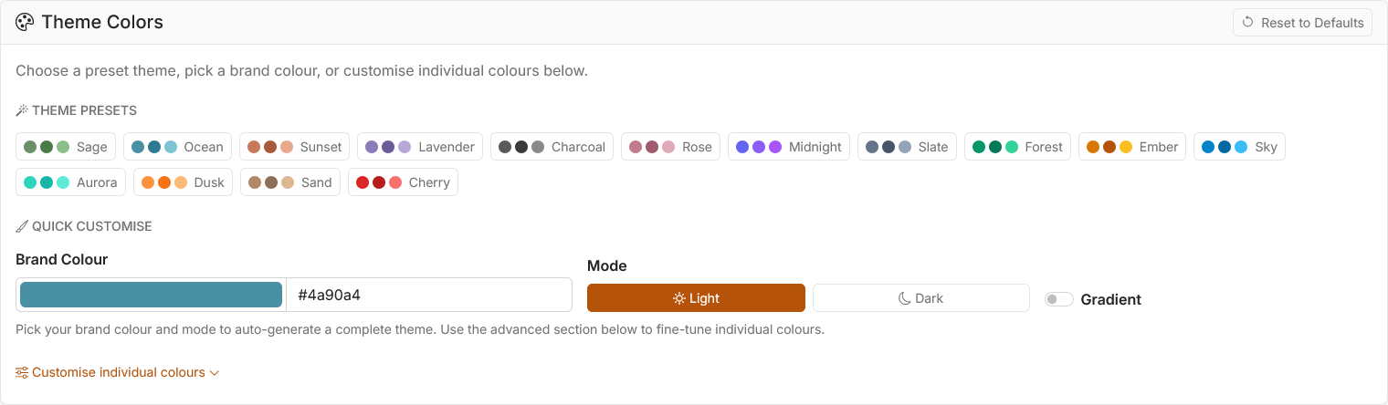Colour preset picker showing preset swatches.
