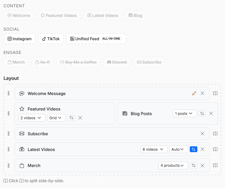 Homepage builder with the section palette and canvas