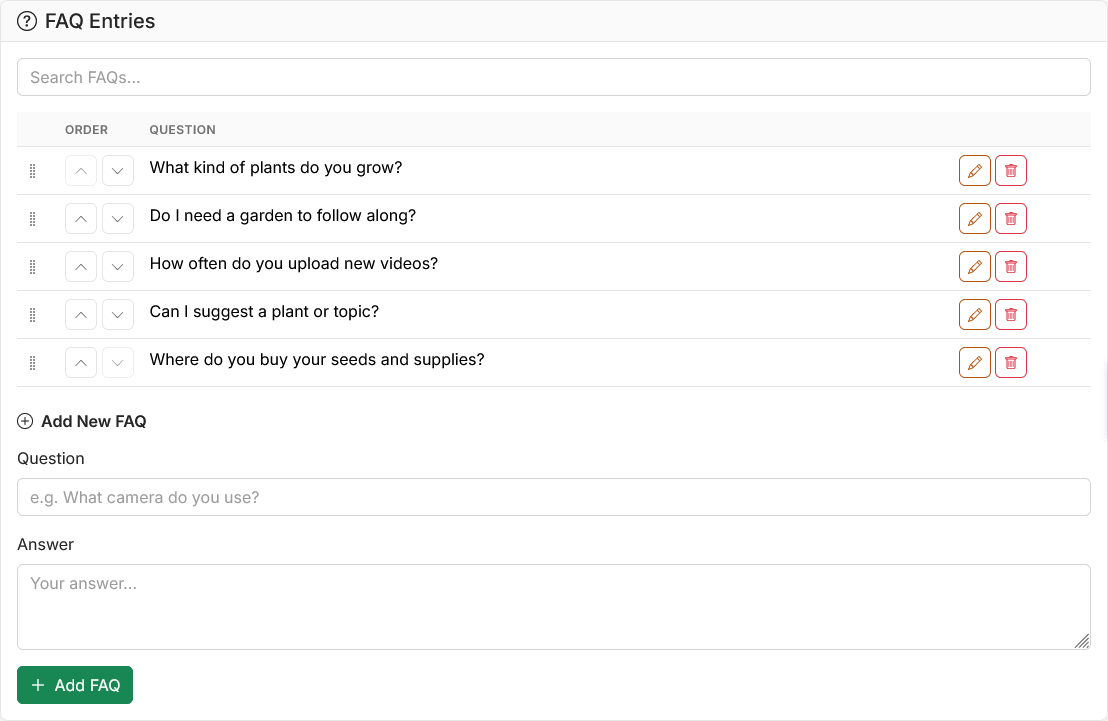 FAQ admin page with drag-to-reorder entries