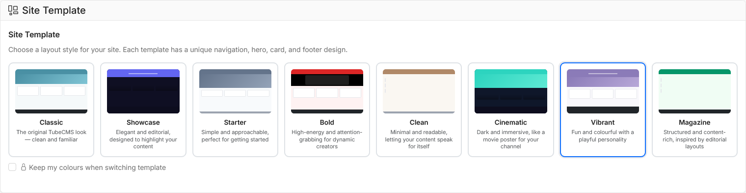 Template picker showing all 8 templates