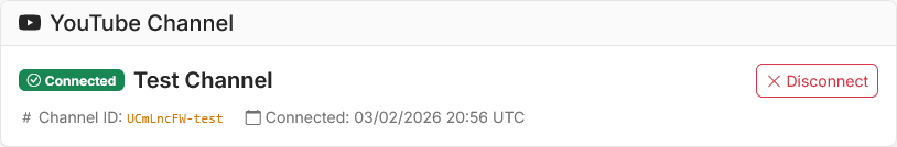 Integrations page showing YouTube connection status