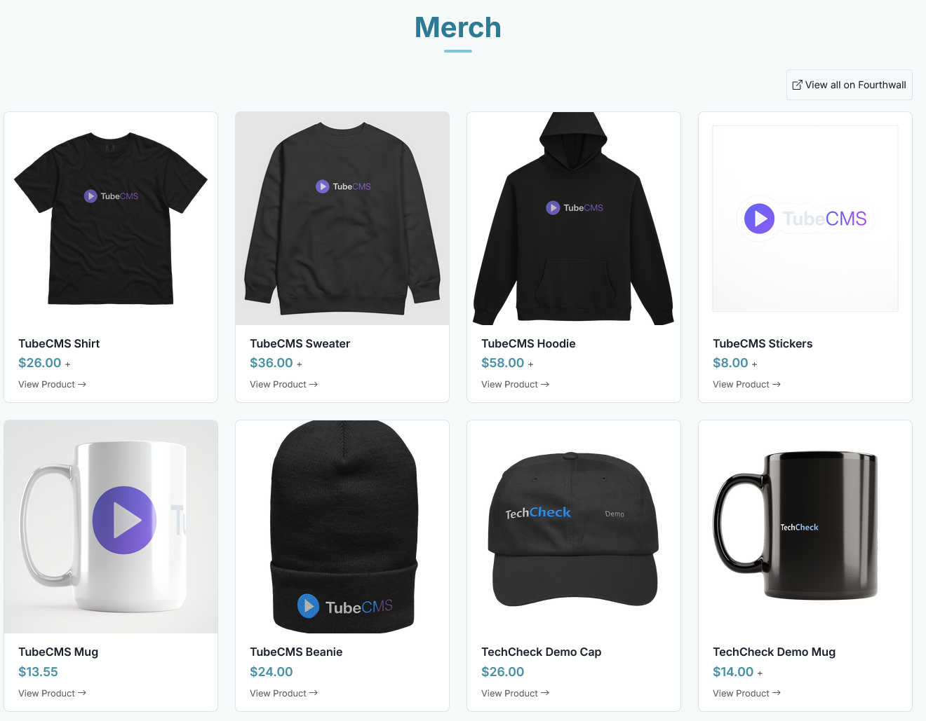 Merch page on a live site showing product grid