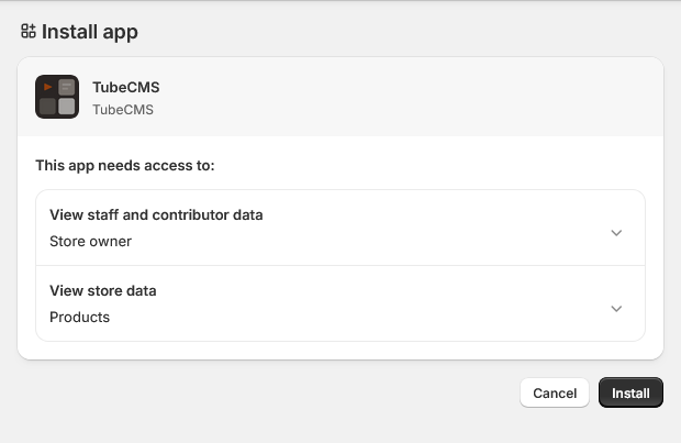 Shopify app authorisation screen